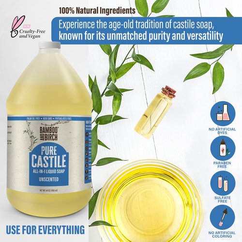 BAMBOO AND BIRCH Pure Castile Soap Liquid, Certified Palm Oil Free Natural Soap, Unscented, 1 Gallon
