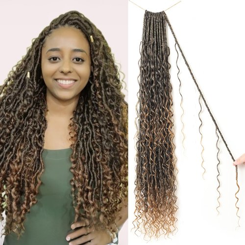 9 packs Boho Faux Locs Crochet Hair, 30 Inch, Ombre Honey Blonde Pre Looped Goddess Soft Locs Crochet Hair with Curly Ends, Bohemian River Locs for Black Women(T1B/27#, 30 Inch)