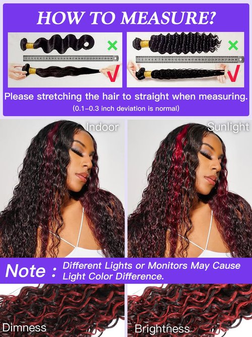 Water Wave 1B/Burgundy Red Human Hair Bundles 12 Inch, Wet and Wavy Ombre Burgundy Highlight Skunk Stripe Red Curly Bundles, Balayage Bundles Sew In Weave 12A 100% Brazilian Raw Virgin Hair, Single