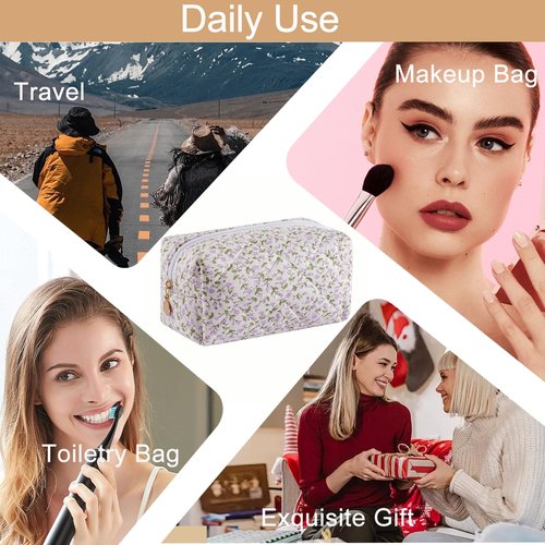 HHQQWZ Cute Floral Cotton Makeup Bag for Women, Travel Cosmetic Bag Quilted Zipper Make Up Pouch, Pink Purple Floral Flowers Toiletry Organizer Kawaii Makeup Cosmetic Travel Cloth Bag (Purple)