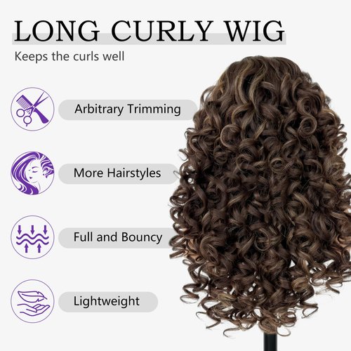SOKU Long Curly Lace Front Wig for Black Women Highlight 13x4x1 Synthetic Lace Front Wigs Glueless Pre-Plucked Hairline with Baby Hair 22 Inch Heat Resistant (Highlight Brown)
