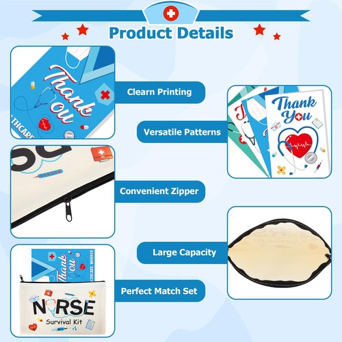 Nurses Week Accessories, 16 PCS Nurse Makeup Bag Thank You Nurse Card, Nursing Day Appreciation Cards Nurse Week Carvas Cosmetic Bag Survival Kit with Zipper Funny Thank You Cards Nurse Supplies