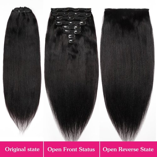 Yaki Straight Clip in 18inch Hair Extensions, 120G Full Head Real Human Hair Clip for Women Seamless Yaki Clip ins Hair Extensions for Thin Hair Natural Black 8Pcs Hair Pieces with Secure Clips