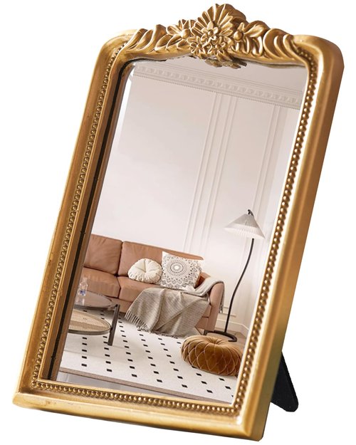 CMGL Gold Vintage Vanity Square Mirror, Antique Mirrors for Wall Decorative, Unique Cute Small Mirror, Table Top Makeup Framed Mirrors, Bathroom, Bedroom, Living Room,Fireplace,10.2" L x 7.3" W Gold
