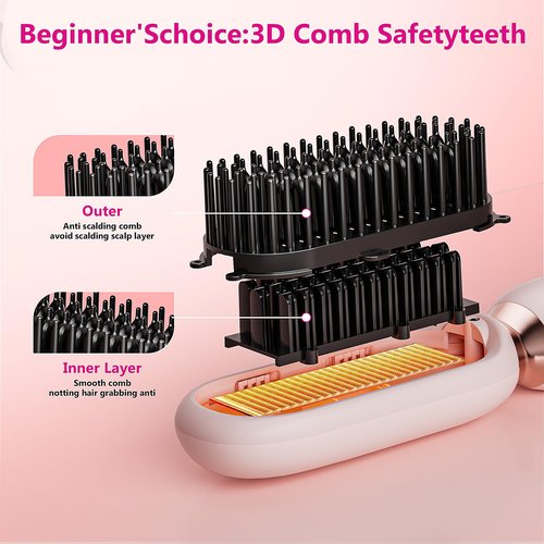 VAGARY Cordless Hair Straightener Brush,Portable Straightening Brush for Travel, 30s Fast Heat,3 Temp Settings,300 Million Negative Ions,USB Rechargeable,Anti-Scald Design Suitable for Thick,Thin Hair