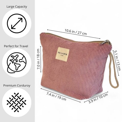 DE LA MUR LINE Pink Corduroy Cosmetic Bag for Women – Large Toiletry Bag for Travel, Skincare & Makeup Organizer, Travel Size Toiletries Bag – Cruise & Vacation Gift – Made in Barcelona, Spain