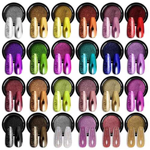 SAVILAND Chrome Nail Powder Set: 24 Colors Metallic Mirror Effect Iridescent Chrome Powder for Gel Polish Holographic Chameleon Nail Art Decoration Glitter Pigment Dust DIY Manicure Kit Home Salon Use
