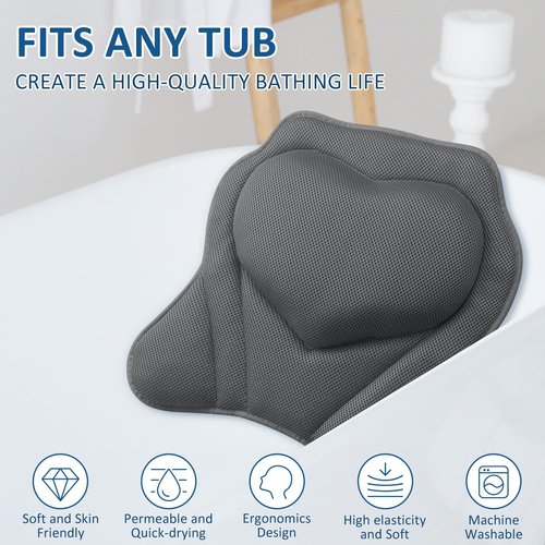 LuxStep Bath Pillow-Bathtub Pillow with Air Mesh Fabric & 6 Non-Slip Suction Cups, Bath Pillows for Tub Head, Neck and Back Support, Bath Accessories Spa Gifts, Grey