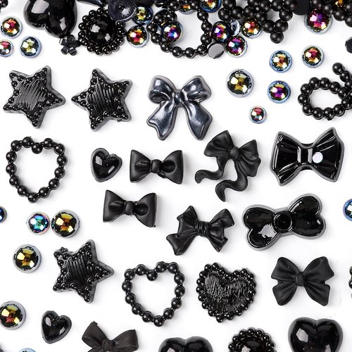 450pcs Black 3D Multi Shapes Pearl Nail Charms, COOSLIM Flatback Pearls Heart Bowknot Nail Charms Mix Styles Star Bow for Nail ArtDecoration