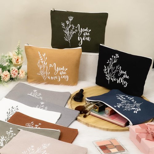 Coume 10 Pcs Boho Flower Canvas Makeup Bags Bulk Aesthetic Inspirational Quotes Cosmetic Zipper Personalized Encouragement Travel Pouch Toiletry Bag Women Teacher Friend Birthday Gifts