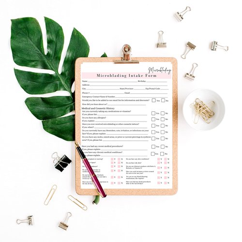 Microblading Intake, Consent, and Aftercare Form | Printed Physical 8.5 x 11" A1 Forms | Clients Signature | White and Pink Design