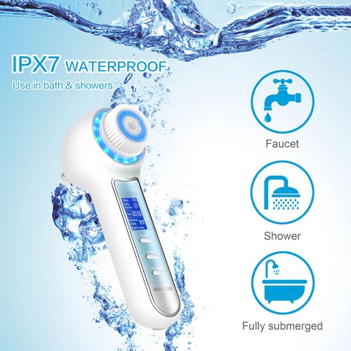 UMICKOO Face Scrubber Exfoliator,Facial Cleansing Brush Waterproof with LCD Screen,Blackhead Remover Vacuum with 5 Brush Heads,Face Spin Brush for Exfoliating (White-Blue)