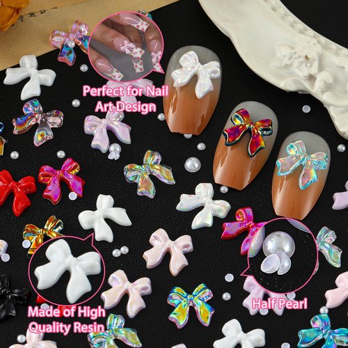 ZUMILLMN Bow Nail Charms, 6-Color 3D Nail Charms Bulk and Half Pearls for Nail Art Charms and Y2K Charms for Nails Design for Women Girl DIY Jewelry Cellphone Crafts