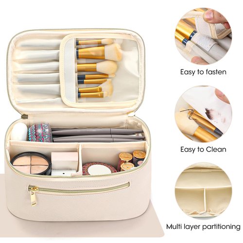 Travel Makeup Bag Organizer, Large Capacity Cosmetic Pouch for Women, Waterproof Make Up Bag with Divider, Clamshell Makeup Case Make Up Bag with Handle and Metal Zipper, Travel Essentials White