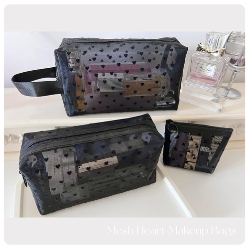 5 Pieces Zipper Mesh Cosmetic Bags Set, Mesh Heart Makeup Bags Toiletry Bags, Portable Travel Makeup Bags for Women, Small Items Storage Organizer Bags for Travelling (Black)