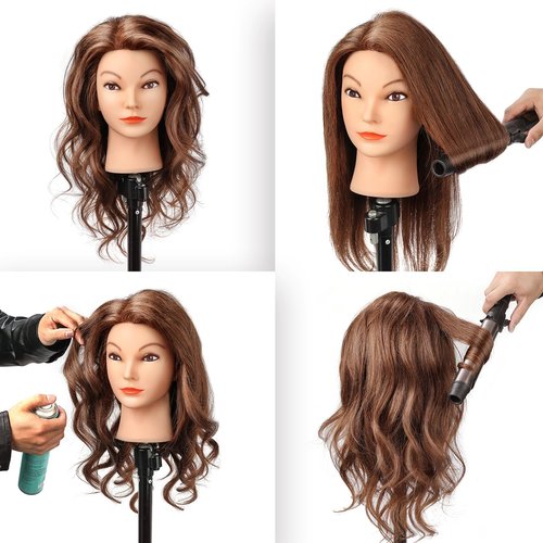 SOPHIRE 20-22 inches 100% Real Human Hair Mannequin Head, Hairdressers' Practice Training Head and Cosmotology Doll Head for Hairstyling and Braid - Dark Brown