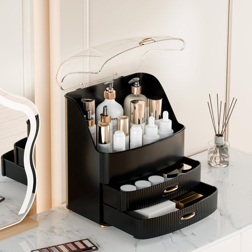 Plukers Makeup Organizer Countertop Vanity with Transparent Lid Drawers Waterproof Dustproof Cosmetic Skincare Bathroom Storage Gift for Women Teens Girls (Black)
