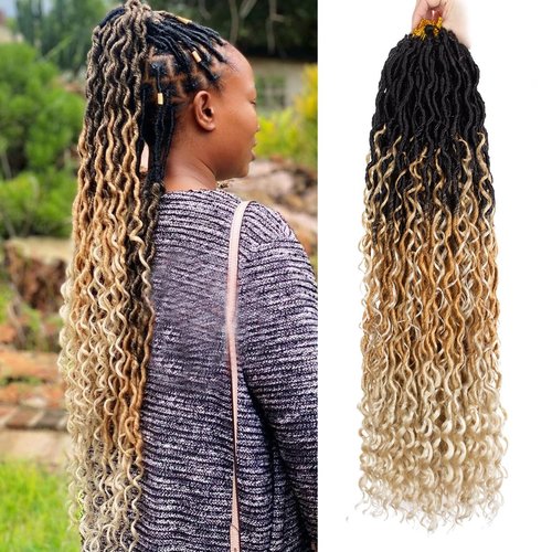 ZRQ 8 Packs 3 Tone Goddess Locs Crochet Hair 30 Inch Ombre Bohemian Locs 1B27613, Long Boho Faux Locs Crochet Braids, Pre Lood River Locs With Curly End 1B27613#