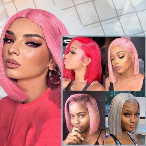 Pink Bob Lace Front Wigs Human Hair Pre Plucked 13x4 Straight Pink Bob Wigs 8Inch Glueless HD Lace Front Wig Human Hair 180% Density Pink Bob Wig for Black Women （10in）