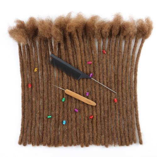IXIMII #30 Dreadlock Extensions Human Hair 0.8 cm 8 inch 20 Strands Brown Handmade Permanent locs with Needles and Comb Real Human Hair Dreads Extensions for Women Men Kids
