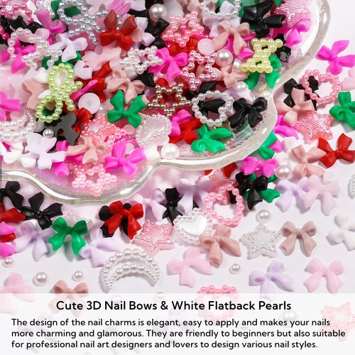 650+ Pcs 3D Nail Art Charms Kit with Flatback Pearls - 8 Colors Bow Charms, Star Moon Heart Jewels & 3-6mm Mixed Size Pearls for Professional Manicure Designs, Includes Dual-End Brush and Tweezers