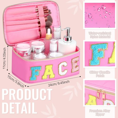 Sanwuta 4 Pcs Chenille Letter Makeup Bag Preppy Patch Cosmetic Bag Nylon Makeup Pouch Portable Travel Large Stuff Bag Toiletry Storage Bag with Zipper and Handle (Pink, Blue, Black, Beige)