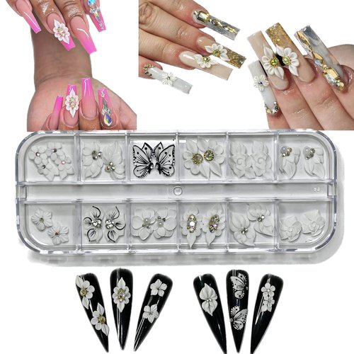 3D White Acrylic Flower Nail Art Charms Handmade by Acrylic Powder - 24pcs Flowers Nail Rhinestones Kit 3D Crystal Nail Pearls Design Acrylic Nail Art for Women (White)
