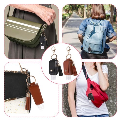 Molain 2 Pcs Hand Sanitizer Keychain 30ml Portable Leather Hand Sanitizer Holder Leakproof Empty Bottles Hand Sanitizer Travel Holder Bottle Refillable for Lotion Liquid Soap Shampoo(Brown,Black)