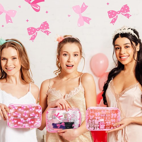 Kacctyen 8 Pcs Coquette Pink Bow Makeup Bags Clear PVC Skincare Cosmetic Bags Waterproof Travel Toiletry Zipper Pouch Coquette Party Favors Gifts for Women Girls Travel Storage Accessories(Bow)