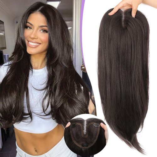 Eawwii Dark Brown Synthetic Hair Toppers for Women with Thinning 3D 360° Cover Clip in Wispy Bangs Upgraded Adjustable Bandage 24 Inch Long Layered