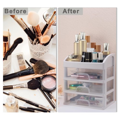 VOCOSTE Makeup Organizer Countertop, 3 Clear Drawers Makeup Organizer, Skincare Organizers for Lotions Lipstick Brushes, Make Up Organizers for Counter