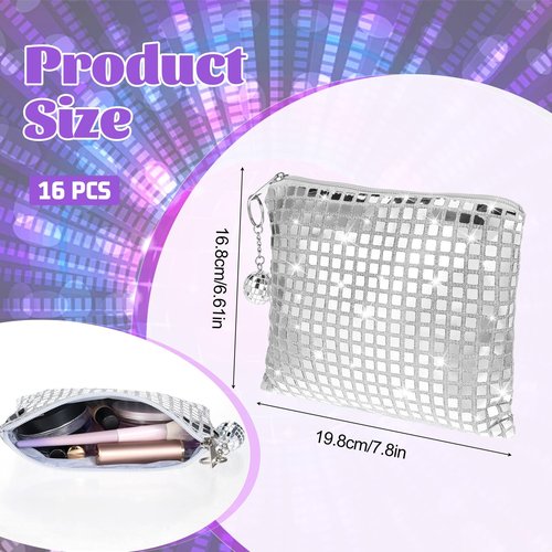 16 Pack Disco Makeup Bags with Zipper Disco Party Favors Silver Glitter Sequin Mirror Cosmetic Bags for Bachelorette Bridal Shower Wedding 70s 80s 90s Disco Ball Party Favors