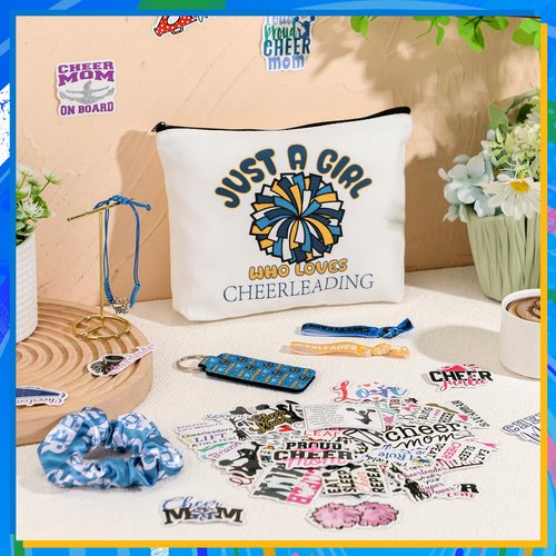Seenelling 56 Pcs Cheerleading Stuff Inspirational Gifts for Players Teams Cosmetic Bag Women Hair Ties Sport Lovers Gifts for Birthday Sport Party Favors(Just a Girl)