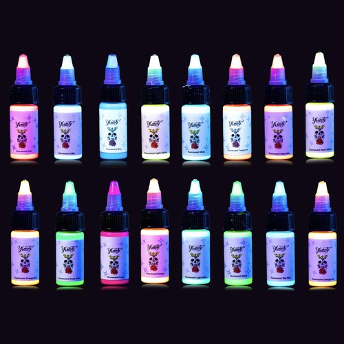 Ybeauty 16 Color Tattoo Ink Set - 16pcs 15ml/Bottle Professional Tattoo Fluorescent Ink & Equipment for Halloween Supplies