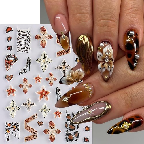 2 Sheets Fall Winter Brown Leopard Flower Nail Art Sticker 5D Self-Adhesive Hibiscus Flower Nail Decals Leopard Print Pattern Nail Design Leopard French Heart Nail Supplies for Women Manicure Decor