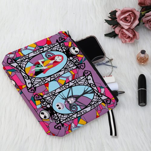 WLWLGLUCK Portable Jack & Sally Themed Makeup Bag, Before Xmas Nightmare Cosmetic Bag, Jack Skellington & Sally Portable Travel Cosmetic Organizer- Cotton & Linen, Water-Resistant, 9.8x7 Inches