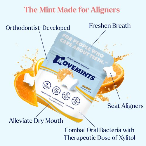 Movemints Clear Aligner Mints - Patented, Edible Alternative to Chewies - Freshen Breath and Improve Dry Mouth with Xylitol - Orange (7 Pack)