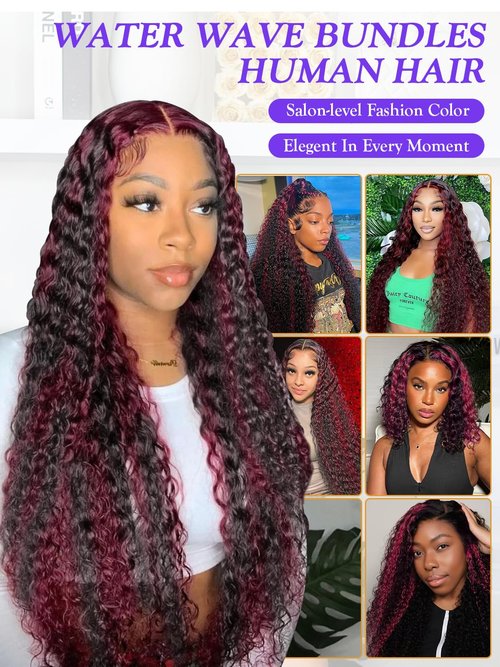Water Wave 1B/Burgundy Red Human Hair Bundles 12 Inch, Wet and Wavy Ombre Burgundy Highlight Skunk Stripe Red Curly Bundles, Balayage Bundles Sew In Weave 12A 100% Brazilian Raw Virgin Hair, Single