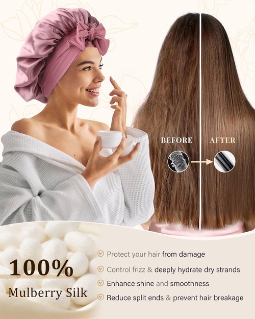 100% Mulberry Silk Bonnet for Women Hair Bonnet for Sleeping with Hair Scrunchy Elastic Tie Band Night Cap(Bean Paste)