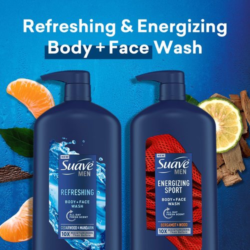 Suave Men Body + Face Wash Bundle – Energizing Sport (Beragmot & Wood) 2-Pack + Refreshing (Cedarwood & Mandarin), 30 Oz Ea