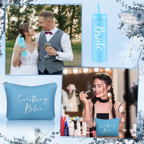 SilTriangle 8 Pcs Something Blue Wedding Gift for Bride Wedding Handkerchief 16 oz Skinny Acrylic Tumbler Lace Garter Belt Angel Bouquet Charm Bridal Cosmetic Bag Scrunchies Gift Box Jewelry Case