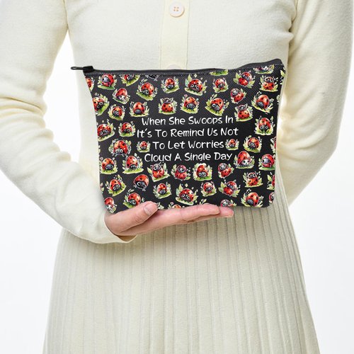 JXGZSO Good Luck Ladybug Makeup Bag With Zipper Gifts For Women When She Swoops In It's To Remind Us Not To Let Worries Cloud A Single Day Cosmetic Bag (Ladybug Bag Black)