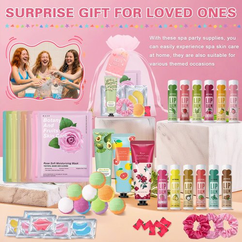 QIUFSSE 120 PCS Spa Party Supplies for Girls & Women,Spa Party Favors Include Face Masks Skincare,Hand Cream,Lip Balm,Eye Masks,Lip Mask,Foot Bath Bombs,Slumber Sleepover Party Supplies for Girls