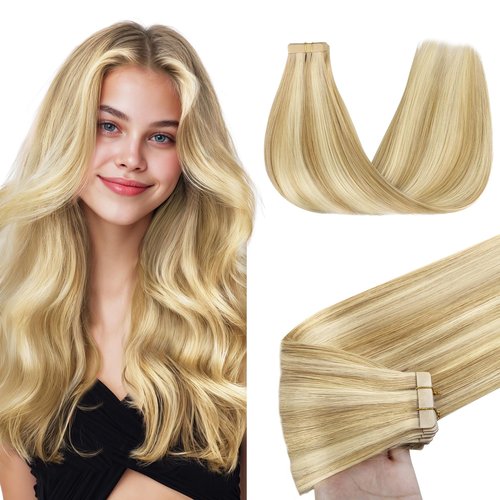GOO GOO Tape in Hair Extensions Human Hair, 18D/22F Dirty Blonde Highlights, 18inch 50g 20pcs, Skin Weft Seamless Invisible, Silky Straight with Thick Ends, Remy Human Hair