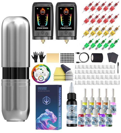 POSEIDON Cordless Tattoo Machine Kit with 20 Tattoo Cartridge Needles, Ink Set & 2 Rechargeable Batteries | Professional Portable Tattoo Pen for Beginners | Complete Starter Supplies