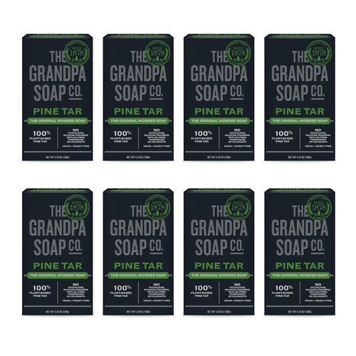 The Grandpa Soap Company Pine Tar Bar Soap for Men- Made With Pine Tar Oil, 3 in 1 Cleanser Deodorizer and Moisturizer, Dermatologist Tested, Safe for Sensitive Skin, 4.25 Oz, 8 Pack