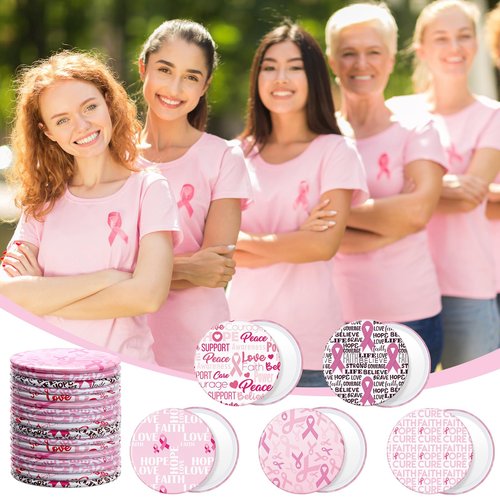 Pinkunn 100 Pcs Breast Cancer Awareness Gifts for Woman Bulk Inspirational Breast Cancer Survivor Gifts Compact Mirrors Pink Ribbon Motivational Mini Pocket Travel Makeup Mirrors (Ribbon)