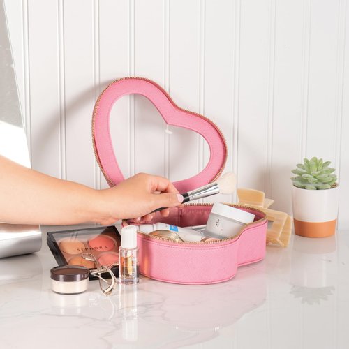 Aaly Beauty Heart Makeup Bag – Pink Heart Cosmetic Bag with Clear Cover – Gift Ideas for Women, Mom, Girlfriends, Her - Large Capacity for Full Size Makeup, Skincare and Brushes