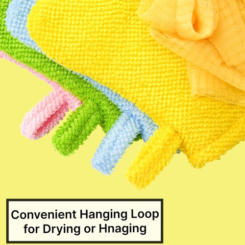 Made Easy Kit Hand Puppet Bath Wash Mitt Towel with Animal Designs with Loofahs for Fun Interactive Bathing Time (Green Yellow Pink Blue)