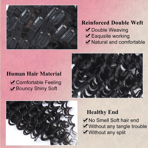 Deep Wave Clip in Hair Extensions Real Human Hair 16 Inch Deep Curly Clip ins for Women Invisible Seamless Remy Human Hair Clips in Extensions 8pcs 100g/3.5oz 20 Clips Double Weft Natural Black